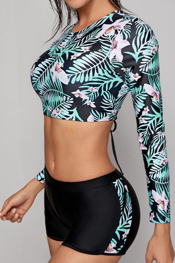 New two colors leaf flower batch printing padded long-sleeve backless tied high waist flat angle stylish surfing two-piece swimsuit