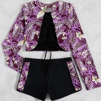 New two colors leaf flower batch printing padded long-sleeve backless tied high waist flat angle stylish surfing two-piece swimsuit
