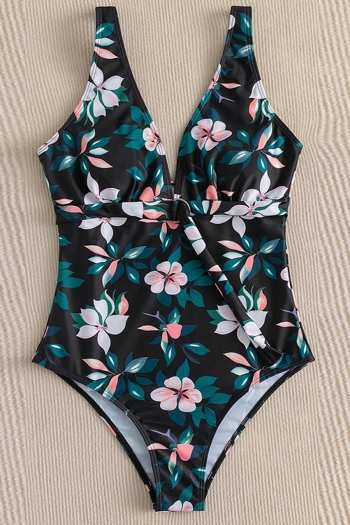 New flower leaf batch printing padded deep v sexy one-piece swimsuit