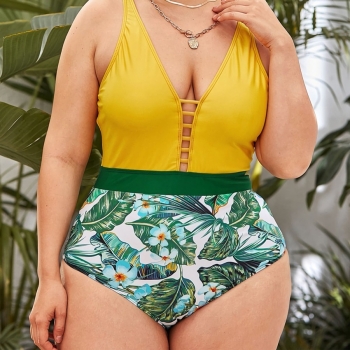 l-4xl plus size flower & leaf batch printing patchwork padded hollow adjustable straps sexy one-piece swimsuit