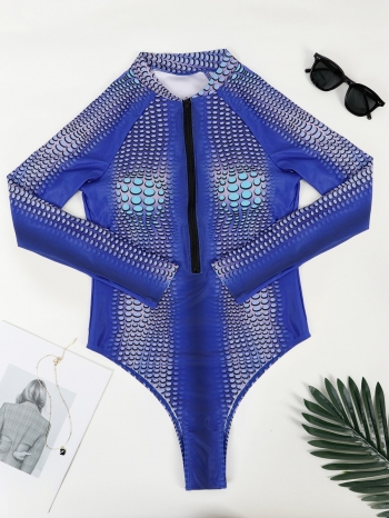 New dots printing padded long-sleeve zip-up stylish surfing one-piece swimsuit