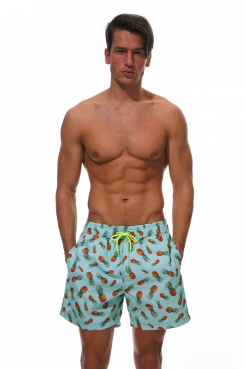 xs-2xl men new two colors pineapple batch printing inelastic tie-waist pockets flat angle mesh lining stylish fast dry beach shorts