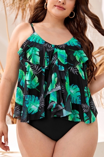 L-4XL plus size leaf batch printing padded backless adjustable straps sexy two-piece swimsuit