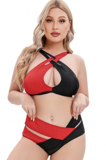 L-5XL plus size padded contrast color spliced crossed sling hollow metal-buckle design adjustable straps sexy two-piece swimsuit