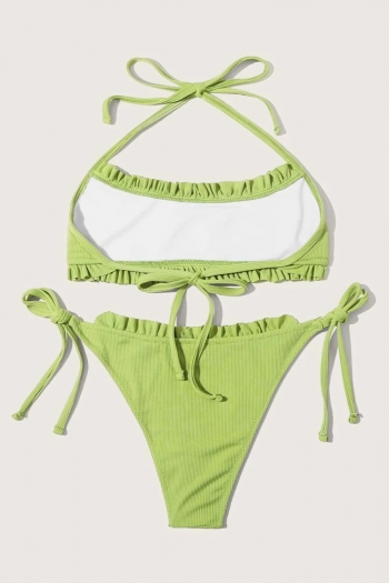 New pure color ribbed knit padded halter-neck self-tie frill trim sexy two-piece bikini