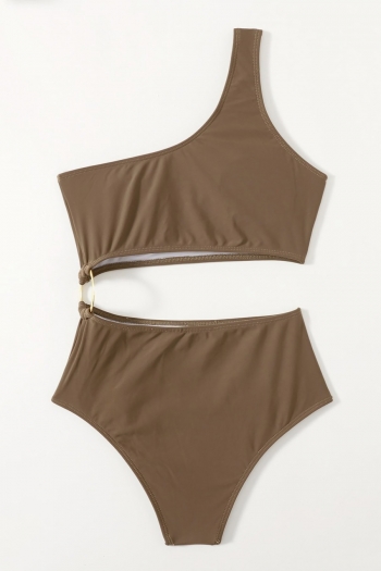 Pure color padded one shoulder hollow metal-ring linked sexy one-piece bikini