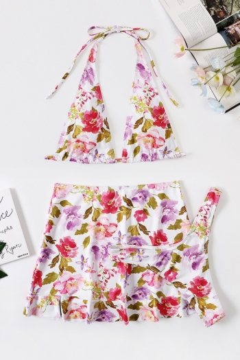 New flower & leaf batch printing padded halter-neck sexy two-piece bikini with beach mini skirt