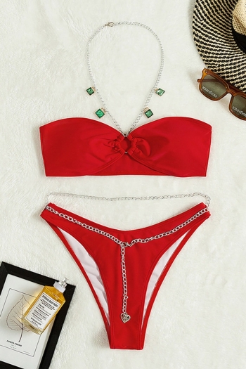 New pure color rhinestone decor padded metal chain ring linked sexy exquisite two-piece swimsuit