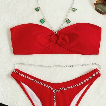 New pure color rhinestone decor padded metal chain ring linked sexy exquisite two-piece swimsuit