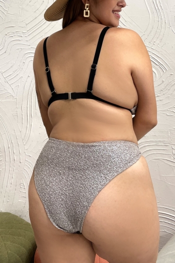 L-4XL plus size padded contrast color patchwork metal-ring decor backless adjustable sexy two-piece swimsuit