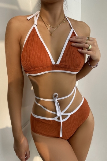 New contrast color spliced orange padded halter-neck lace-up backless sexy two-piece swimsuit