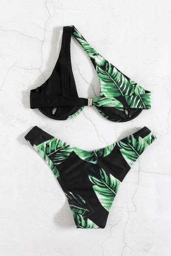 New leaf batch printing padded underwire one-shoulder metal-buckle sexy two-piece swimsuit