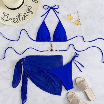 New pure color rhinestone decor padded halter-neck self-tie triangle sexy exquisite two-piece bikini with mesh beach skirt