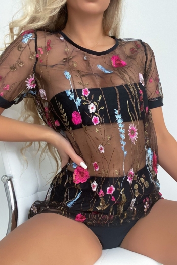 New padded embroidered flower see through mesh patchwork high-waisted sexy three-piece swimsuit