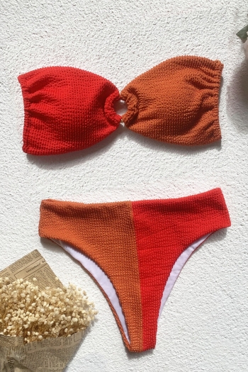 New two colors contrast color patchwork textured ring linked tube top tied sexy two-piece bikini