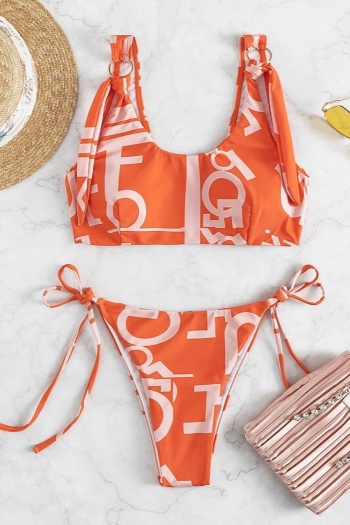 New orange batch printing padded metal-ring linked self-tie sexy two-piece bikini
