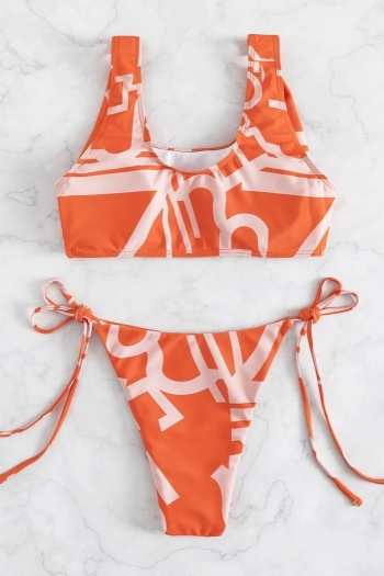 New orange batch printing padded metal-ring linked self-tie sexy two-piece bikini