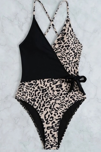 Leopard and black spliced padded adjustable straps tied sexy one-piece bikini