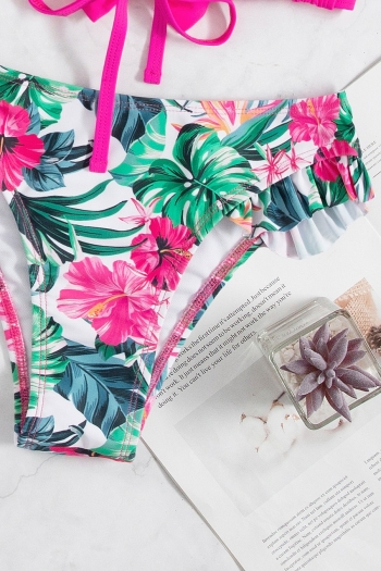 New flower & leaf batch printing padded frill trim bowknot sling sexy two-piece bikini