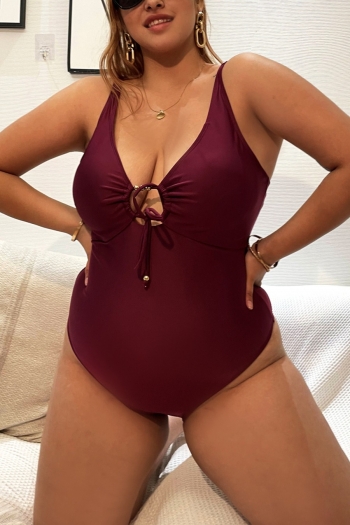 l-4xl plus size padded solid color hollow drawstring backless adjustable straps sexy one-piece swimsuit
