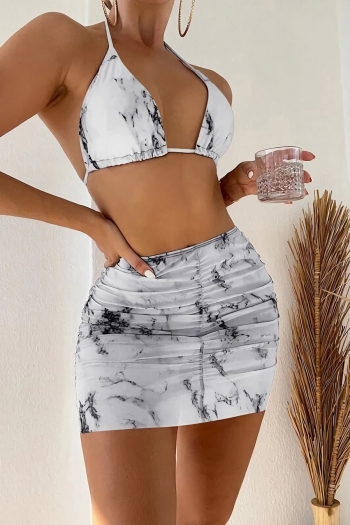 new four colors marble pattern batch printing padded halter-neck tied triangle sexy two-piece bikini with beach skirt