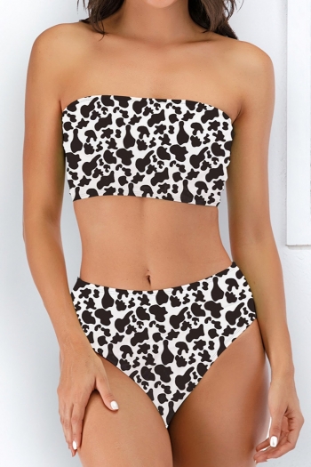 cow pattern batch printing padded tube top high waist sexy simple two-piece swimwear