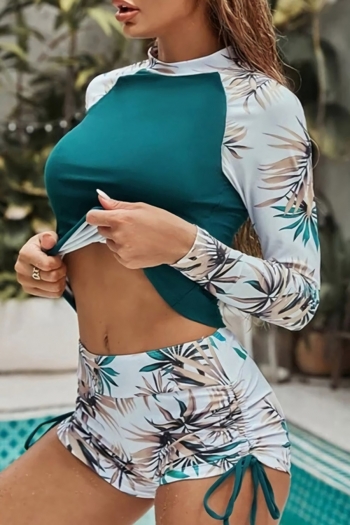 new padded leaf batch printing contrast color spliced drawstring surfing sexy two-piece swimsuit