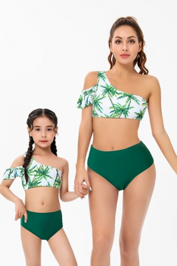mom parent-child new coconut tree batch printing padded one shoulder high waist sexy two-piece swimsuit