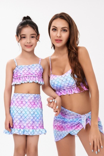 s-3xl kids new gradient color fish scales printing adjustable straps ruffle stylish cute three-piece swimwear (size s-l without padded,size xl-3xl with padded)