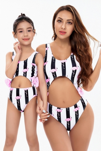 s-3xl kids new stripe & flamingo batch printing hollow bowknot stylish cute one-piece swimwear (size s-l without padded,size xl-3xl with padded)