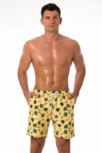 men new coconut tree batch printing inelastic tie-waist pockets mesh inner stylish quick dry beach shorts