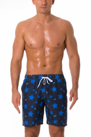 men new star & letter batch printing inelastic tie-waist pockets mesh inner stylish quick dry beach shorts