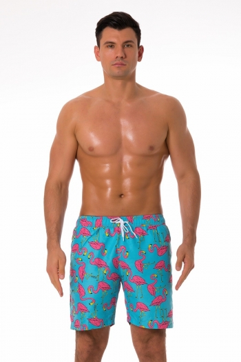 men new flamingo batch printing inelastic tie-waist pockets mesh inner stylish quick dry surfing beach shorts