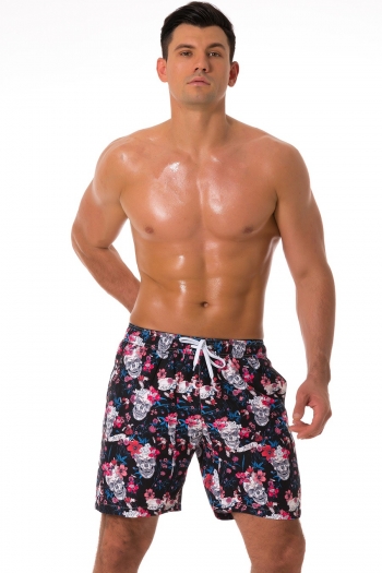 men new skull & flower batch printing inelastic tie-waist pockets mesh inner stylish quick dry surfing beach shorts