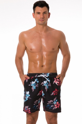 men new flower batch printing waterproof fabric inelastic tie-waist pockets mesh inner stylish quick dry surfing beach shorts