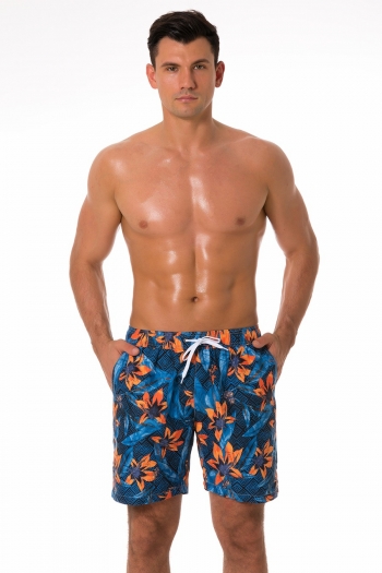 men new flower & leaf batch printing waterproof fabric inelastic tie-waist pockets mesh inner stylish quick dry surfing beach shorts