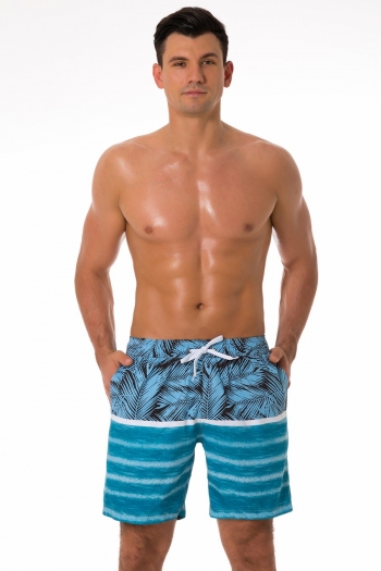 men new leaf & stripe batch printing waterproof fabric inelastic quick dry tie-waist pockets mesh inner stylish surfing beach shorts