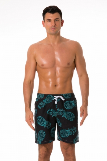 men new pineapple batch printing waterproof fabric inelastic tie-waist pockets mesh inner stylish quick dry surfing beach shorts