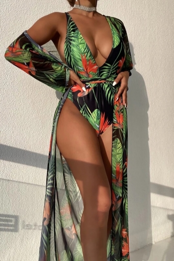 new 4 colors leaf batch printing padded deep v backless self-tie sexy one-piece bikini with long cover-ups
