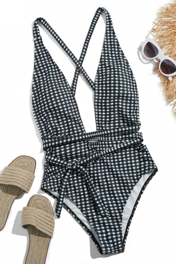 new black & white padded plaid printing deep-v-neck lace-up crossed sling backless stylish sexy one-piece swimsuit