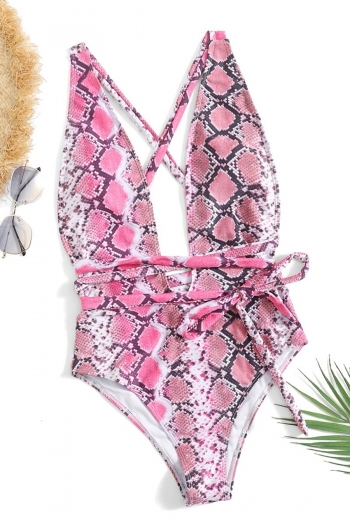 new four colors snake pattern printing padded deep-v-neck lace-up crossed sling backless stylish sexy one-piece swimsuit