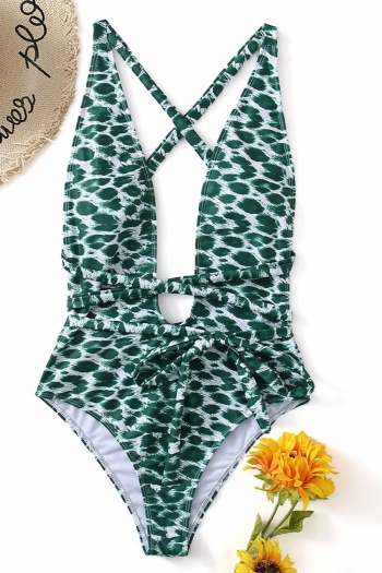 new dark green leopard printing padded deep-v-neck lace-up crossed sling backless stylish sexy one-piece swimsuit