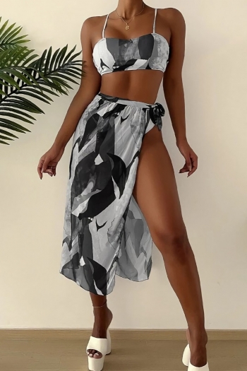 new two colors batch printing padded adjustable straps high waist sexy two-piece swimwear with beach skirt