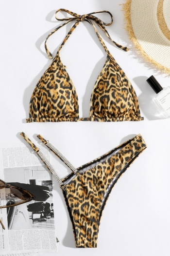 new leopard printing padded halter-neck lace-up triangle rhinestone decor sexy two-piece bikini