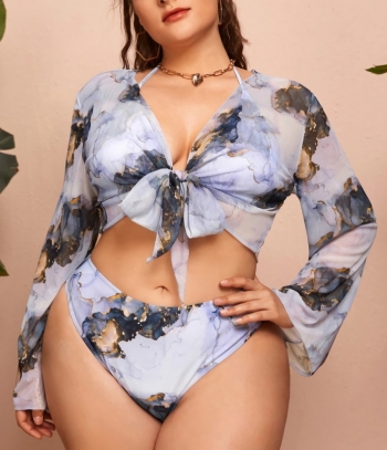 l-4xl plus size new abstract batch printing padded lace up triangle sexy two-piece bikini with long sleeve abstract batch printing mesh cover-up