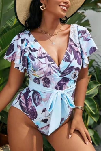 l-4xl flower & leaf batch printing padded ruffled deep-v-neck lace up stylish sexy one-piece swimsuit