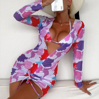 new padded 9 colors tie-dyed halter-neck self-tie thong sexy two-piece bikini with drawstring beach cover-ups
