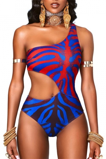new padded irregular stripe batch printing one-shoulder hollow sexy one-piece swimsuit without bracelet