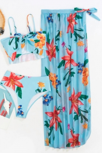 new padded 2 colors leaf flower batch printing ruffled self-tie sexy two-piece bikini with beach skirt