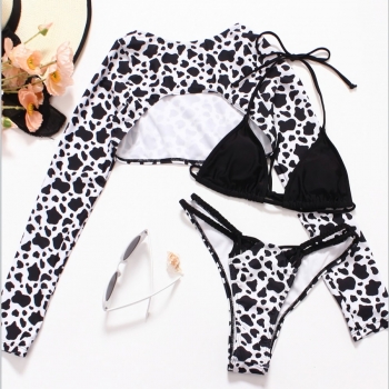 new padded spot batch printing 2 colors halter lace-up backless hollow thong sexy two-piece bikini with long sleeves cover-ups